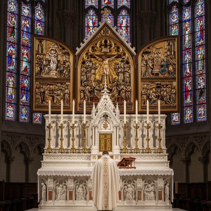 Traditional Catholic High Altar - Detailed Depiction | Sacred Atmosphere Traditional Catholic High Altar - Detailed Depiction | Sacred Atmosphere