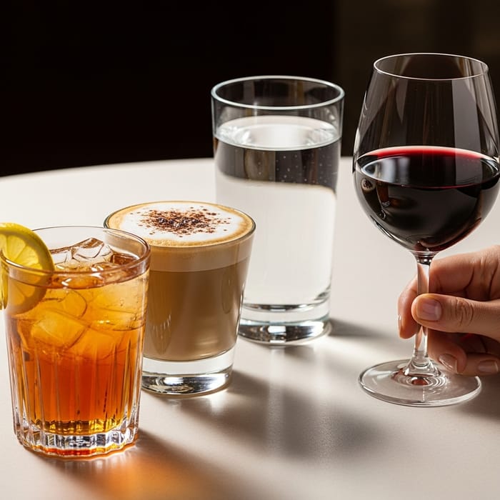 Delicious Beverage Array: Iced Tea, Cappuccino, Water, Wine Delicious Beverage Array: Iced Tea, Cappuccino, Water, Wine
