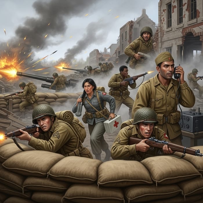 Intense World War II Battle Scene | Diverse Soldiers in Action Intense World War II Battle Scene | Diverse Soldiers in Action