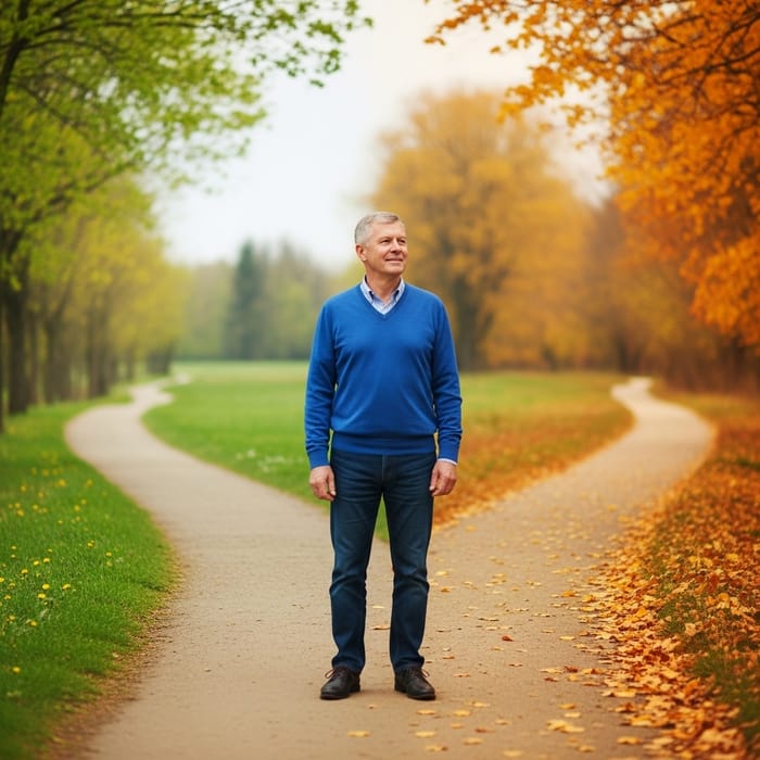 Man Contemplating Past and Future at Time's Crossroads