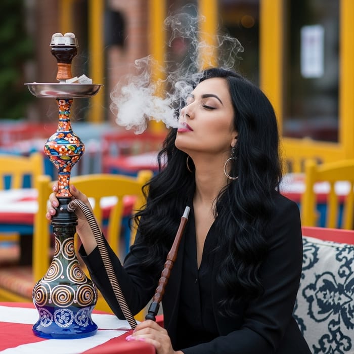 Beautiful South Asian Woman Enjoying Shisha in Colorful Restaurant Beautiful South Asian Woman Enjoying Shisha in Colorful Restaurant