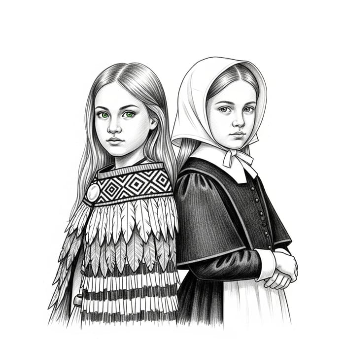 Intricate Sketch of Maori and British Girls in 1800's New Zealand