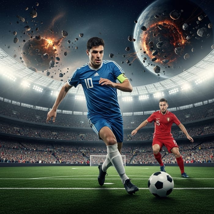 Football Player Running Towards Goal in Massive Stadium Crowd
