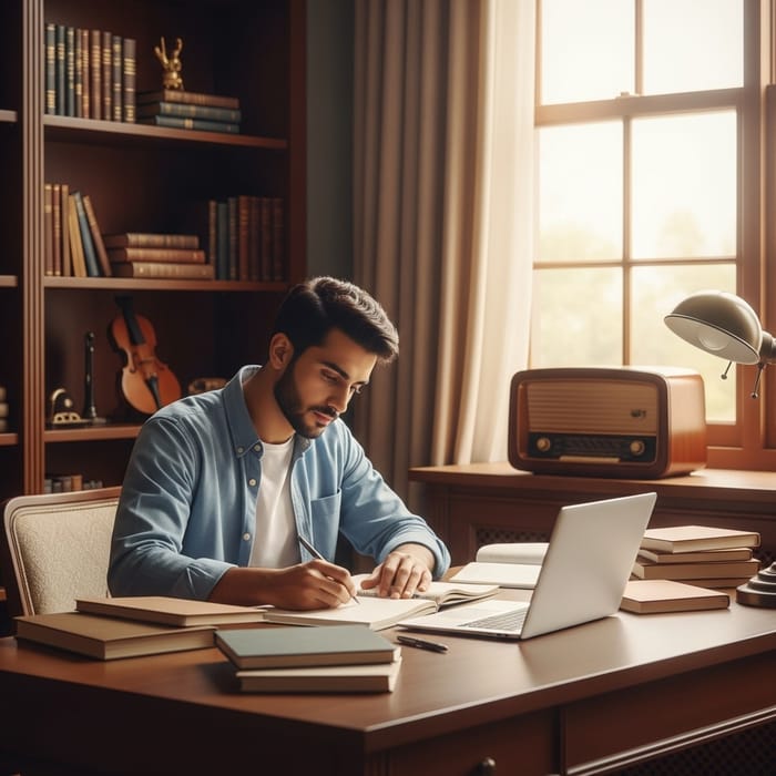 Guy Studying in a Cozy Library with Classical Music