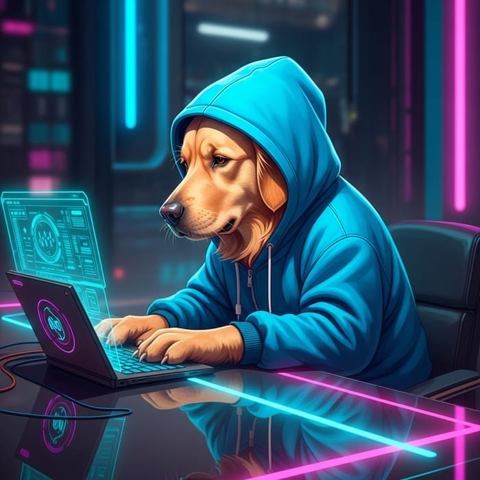 Cyberpunk Golden Retriever Hacking | Futuristic Art