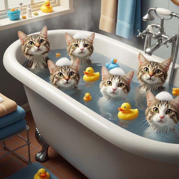 Happy Cats Splashing in Bathtub