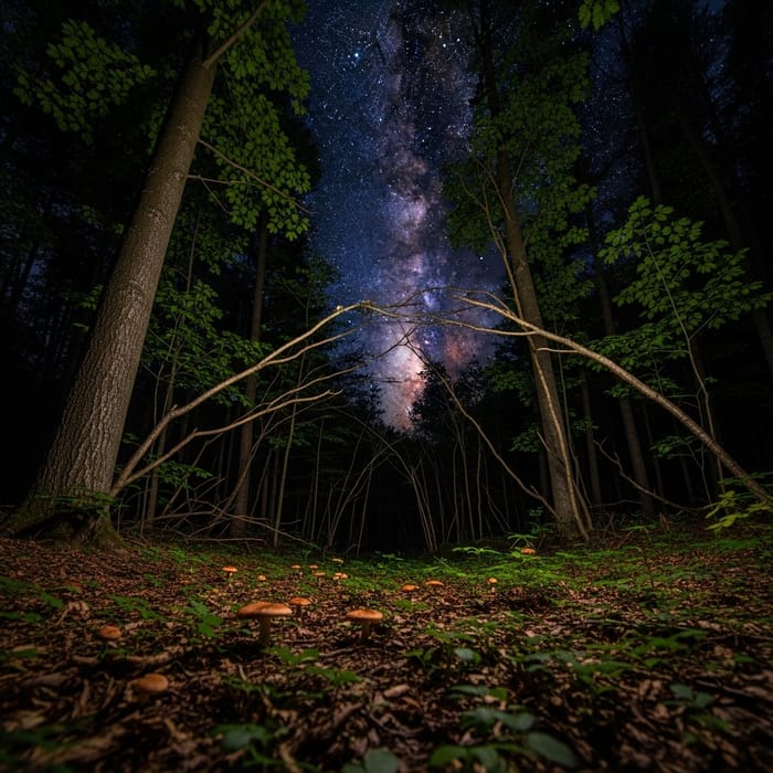 Universe View from Forest Floor: Serene Night Among Majestic Trees Universe View from Forest Floor: Serene Night Among Majestic Trees