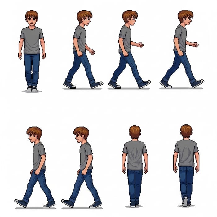 High-Definition Pixel Art Spritesheet of Young Caucasian Male Teenager Walking High-Definition Pixel Art Spritesheet of Young Caucasian Male Teenager Walking
