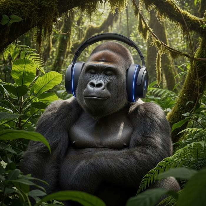 Gorilla Listening to Music with Headphones in Natural Setting Gorilla Listening to Music with Headphones in Natural Setting