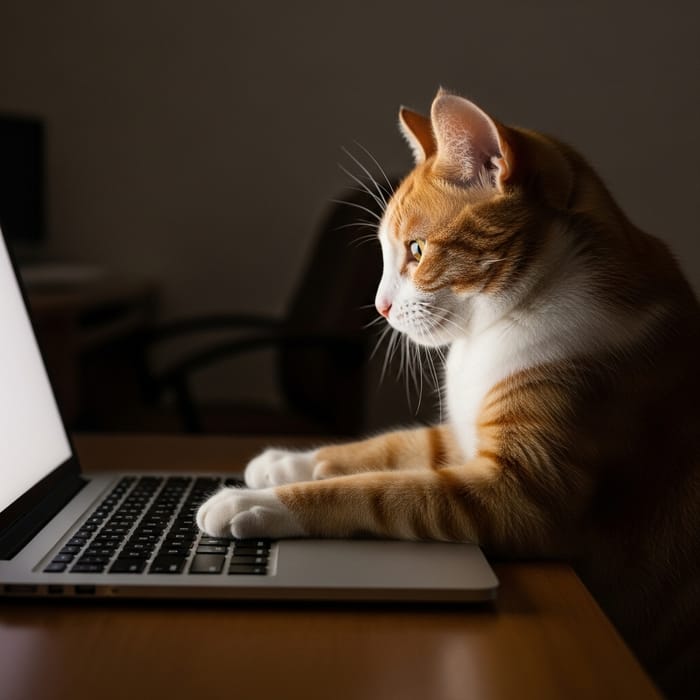 Cat Typing on Laptop in Dark Room - Adorable Feline Coder Cat Typing on Laptop in Dark Room - Adorable Feline Coder