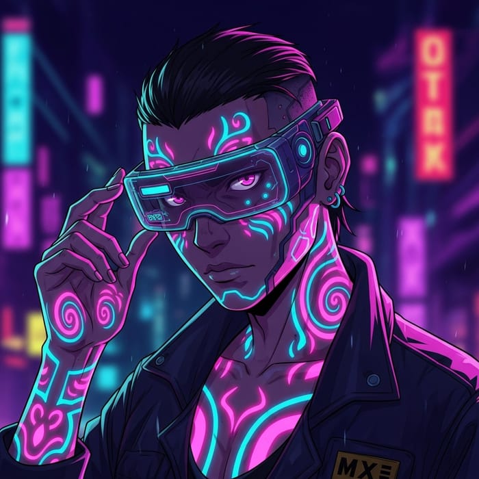 Futuristic Cyberpunk Anime Character with Neon Tattoos and Augmented Reality Eyewear Futuristic Cyberpunk Anime Character with Neon Tattoos and Augmented Reality Eyewear
