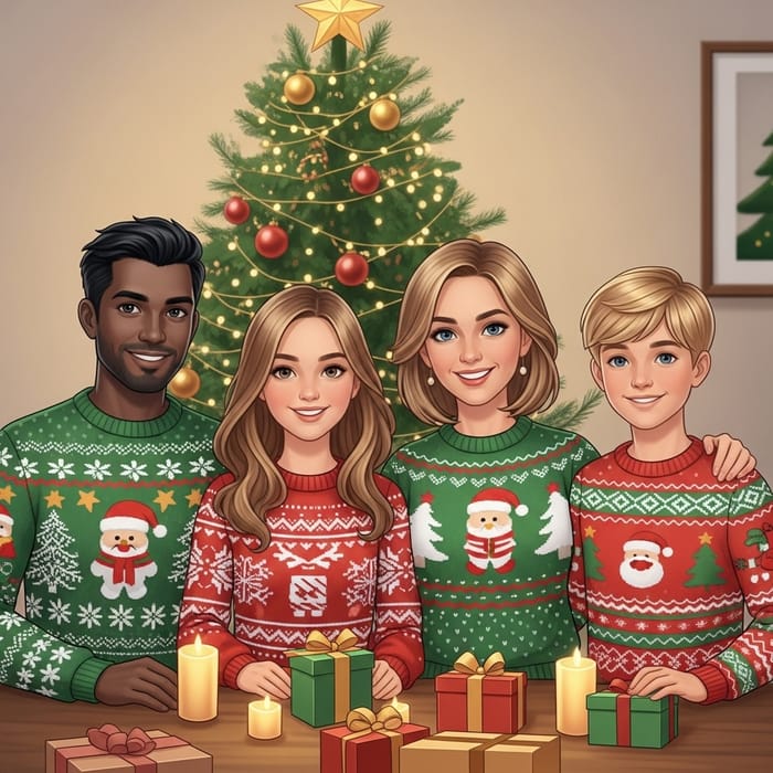 Festive Family Christmas Portrait in Ugly Sweaters by the Tree Festive Family Christmas Portrait in Ugly Sweaters by the Tree