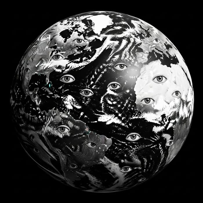 Surreal Monochrome Globe with Gazing Eyes