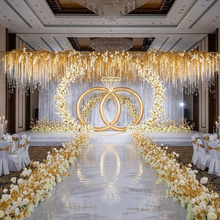 Luxurious Wedding Ceremony with Golden Willow Arch and Diamond Rhinestones Luxurious Wedding Ceremony with Golden Willow Arch and Diamond Rhinestones