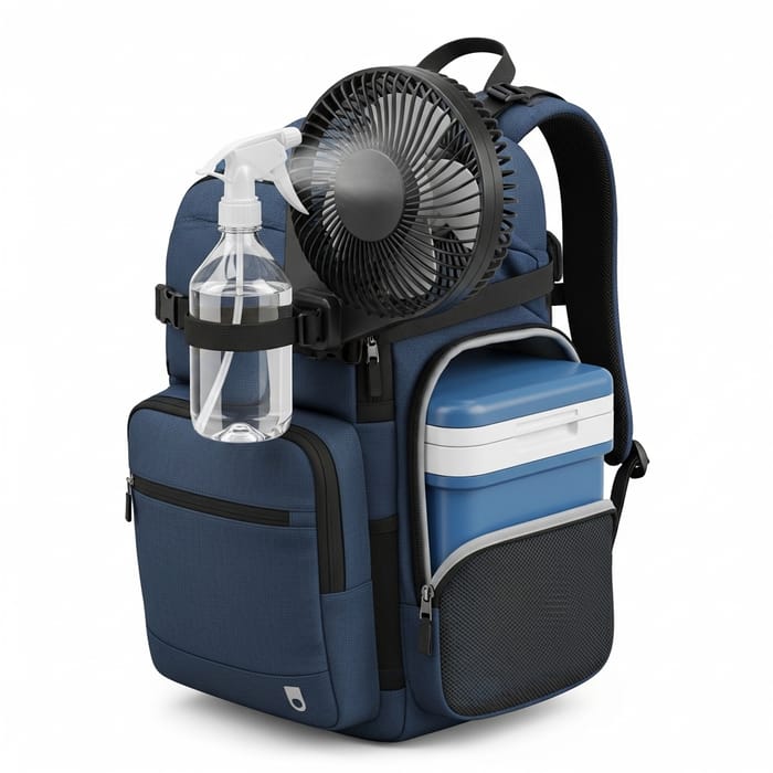 Cooler Backpack Fan with Spray Bottle Attachment