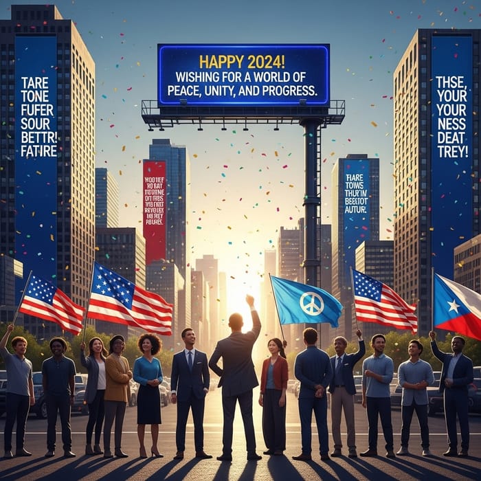 New Year 2024: Wishes for Better Future in Cityscape Sunrise Celebration