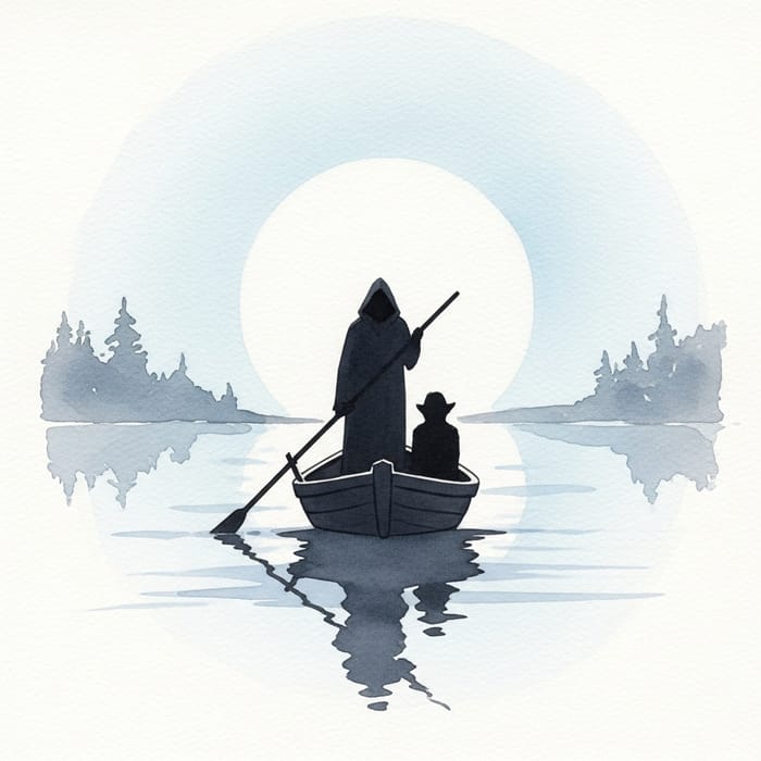 Mysterious Figure in Boat: Ethereal Moonlit Lake Painting