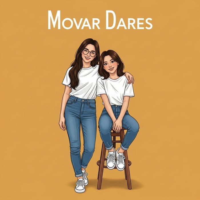Disney Pixar Cover with Smiling White Girls in White Shirts and Jeans on Mustard Background Disney Pixar Cover with Smiling White Girls in White Shirts and Jeans on Mustard Background