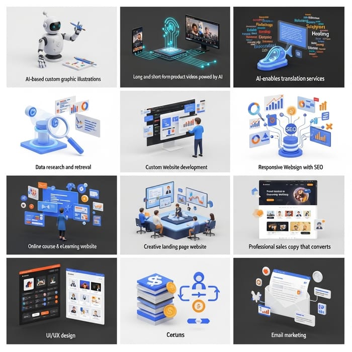 AI Graphic Illustrations | Product Videos | Translation Services | Data Research | Websites | Online Learning AI Graphic Illustrations | Product Videos | Translation Services | Data Research | Websites | Online Learning