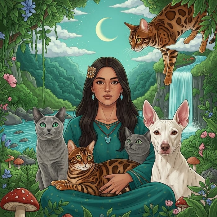Enchanting Scene with Bengal Cats, Russian Blue Cat, and Golden Dog in Green Palette Enchanting Scene with Bengal Cats, Russian Blue Cat, and Golden Dog in Green Palette