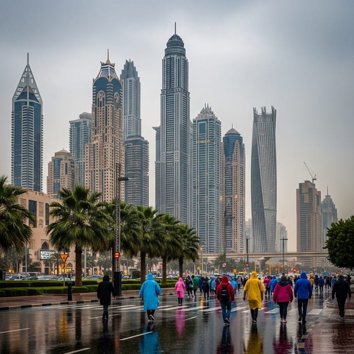Raining in Dubai: Cityscape View of Gleaming Skyscrapers Raining in Dubai: Cityscape View of Gleaming Skyscrapers