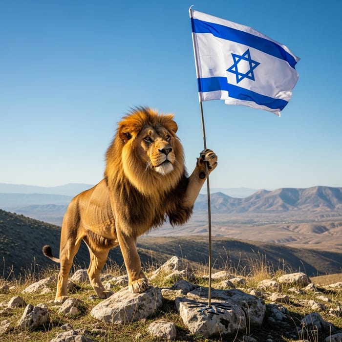 Majestic Lion with Israeli Flag on Hilltop Majestic Lion with Israeli Flag on Hilltop