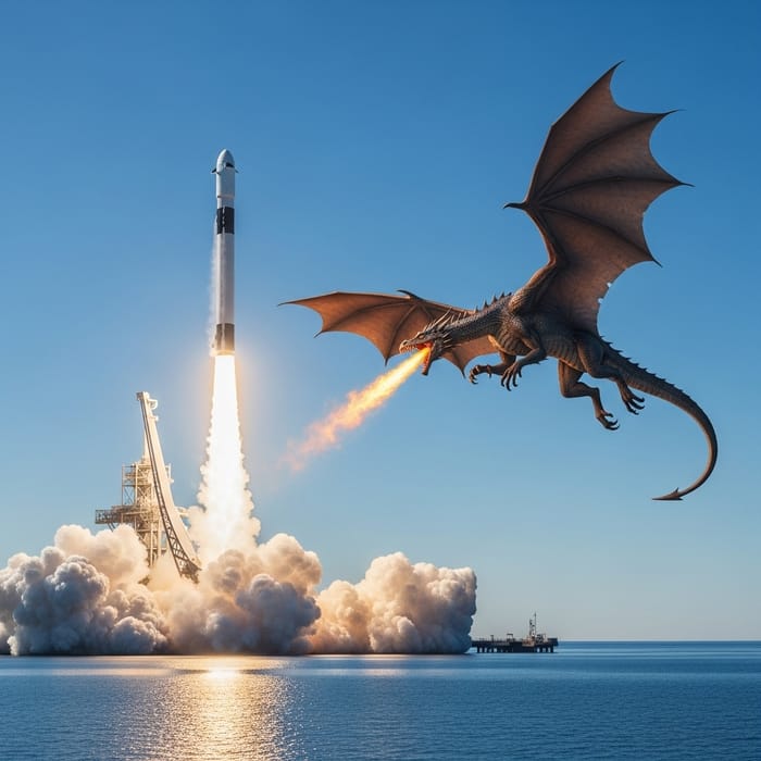 SpaceX Rocket vs. Medieval Dragon: Epic Sky Clash with Fire