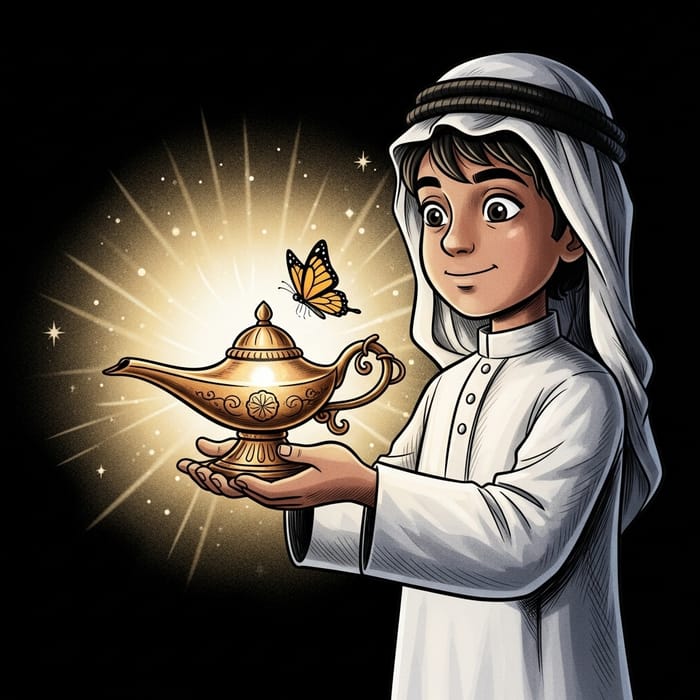 Heartwarming Cartoon: Young Boy with Glowing Lamp & Butterfly