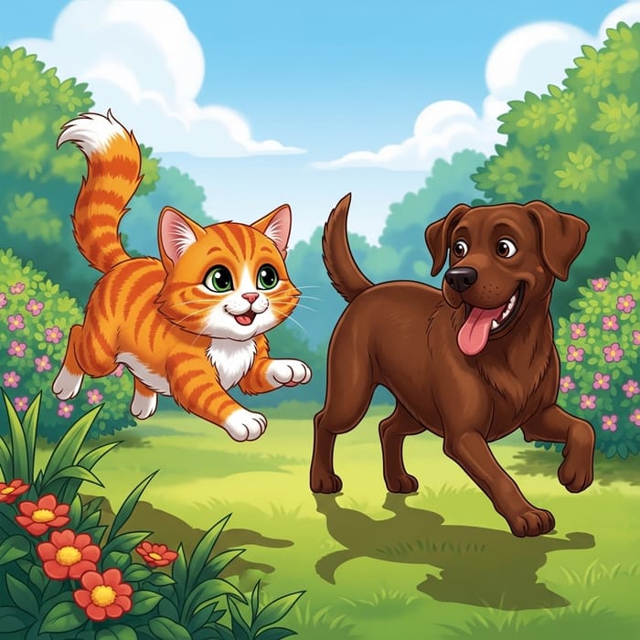 Fun Cat and Dog Play Scene | Garden Playful Characters Fun Cat and Dog Play Scene | Garden Playful Characters