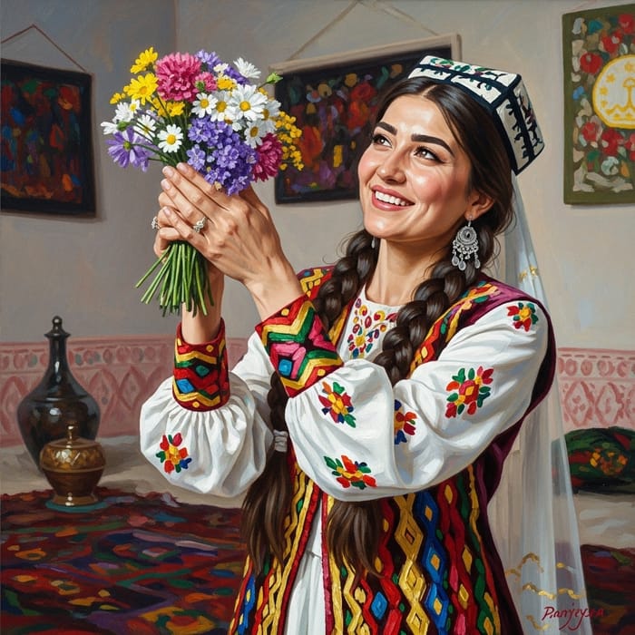 Tajik Bride Oil Painting - Traditional Wedding Artwork Tajik Bride Oil Painting - Traditional Wedding Artwork