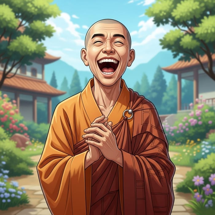 Laughing Monk in Peaceful Monastery Garden