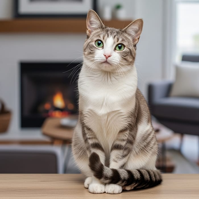Adorable Grey and White Cat in a Cozy Living Room Adorable Grey and White Cat in a Cozy Living Room
