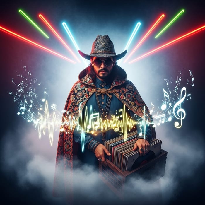 Mystical DJ with Wizard-Like Aura in Electro-Magic Fusion Scene Mystical DJ with Wizard-Like Aura in Electro-Magic Fusion Scene