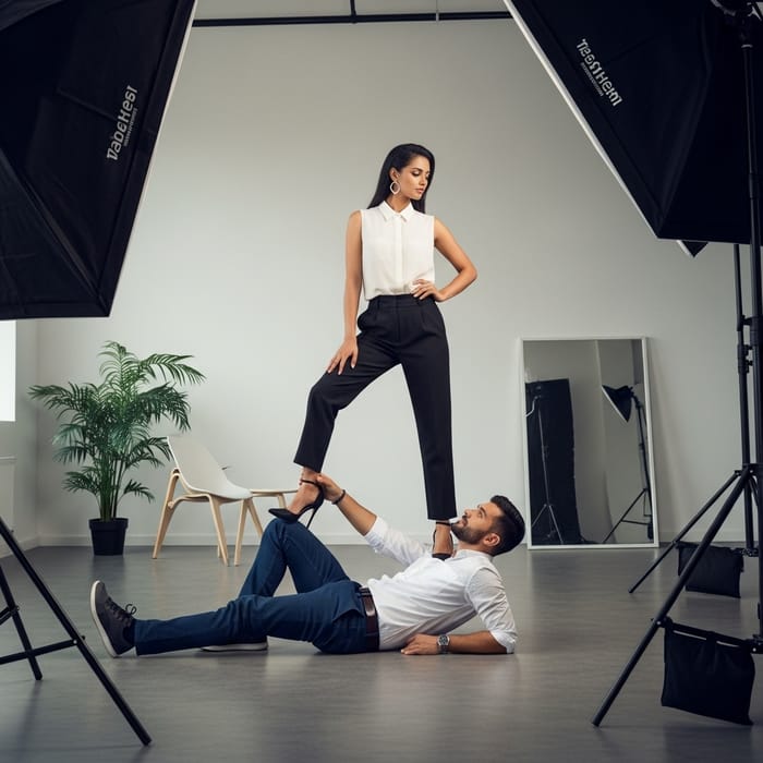 Stylish South Asian Female Model Stands on Relaxed Hispanic Man Stylish South Asian Female Model Stands on Relaxed Hispanic Man
