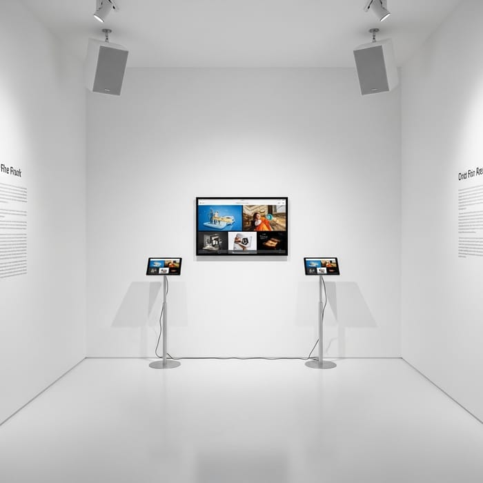 White Empty Exhibition Room with iPads and Speakers White Empty Exhibition Room with iPads and Speakers