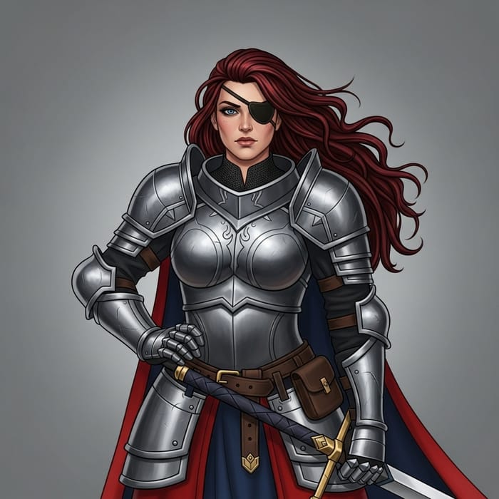 Brave Hispanic Knight Woman with Dark Red Hair and Eye Patch