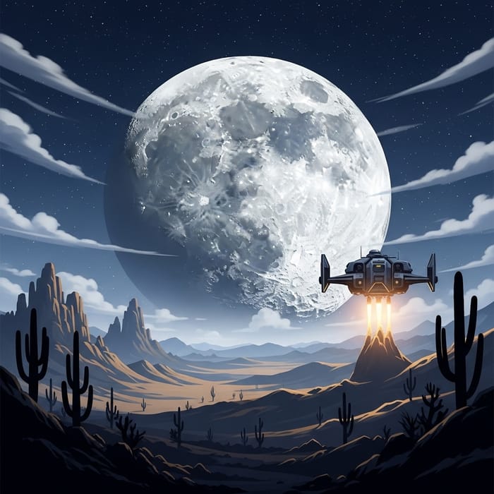 Moonlit Night Landscape with Spaceship Launching Moonlit Night Landscape with Spaceship Launching