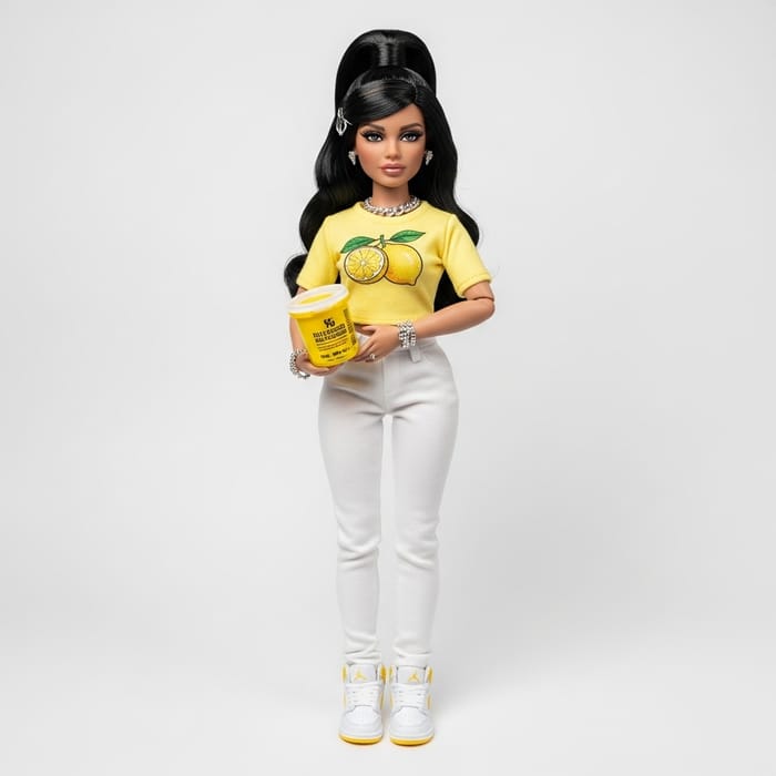 Ultra Realistic White Woman Bratz Doll with Black Ponytail & Yellow Shirt