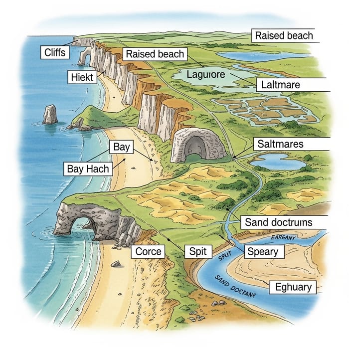 Coastal Landscape with Diverse Geographic Features
