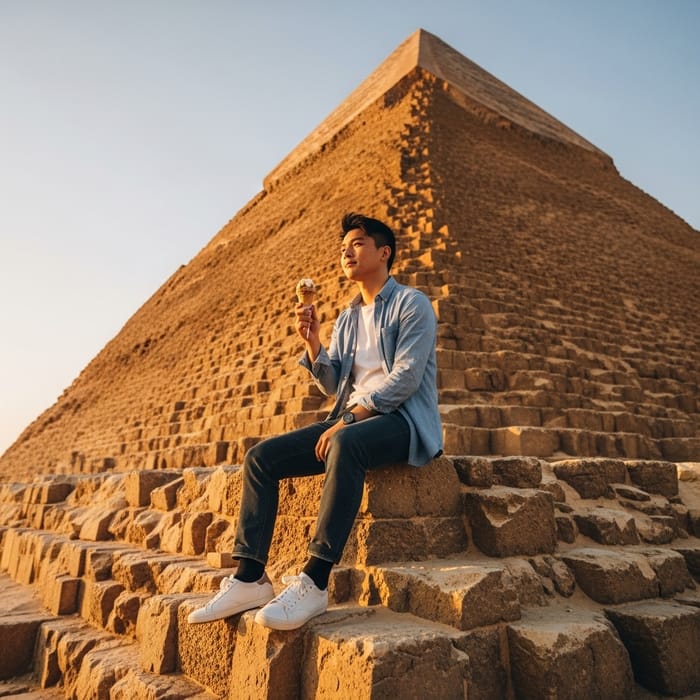 Asian Man Enjoying Chocolate Ice Cream on Ancient Egyptian Pyramids at Sunset Asian Man Enjoying Chocolate Ice Cream on Ancient Egyptian Pyramids at Sunset