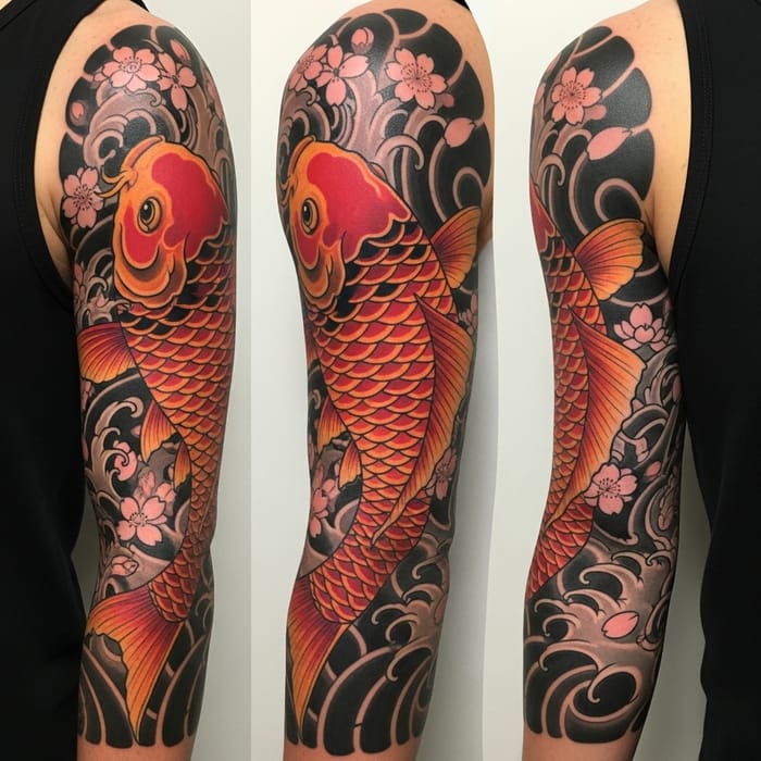 Vivid Koi Fish Arm Tattoo Design with Japanese Iconography