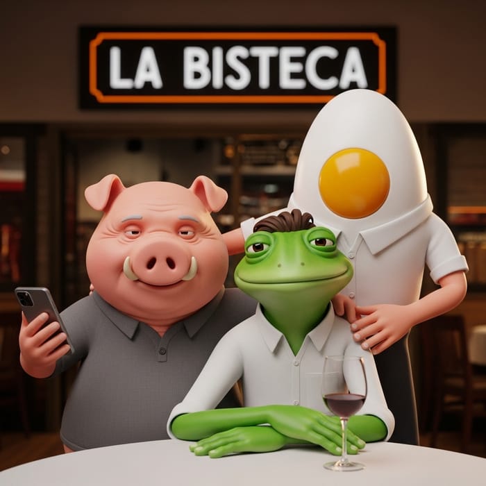 Virtual 3D Scene: Elderly Pig, Frog-faced Man, Egg-faced Man at LA BISTECA
