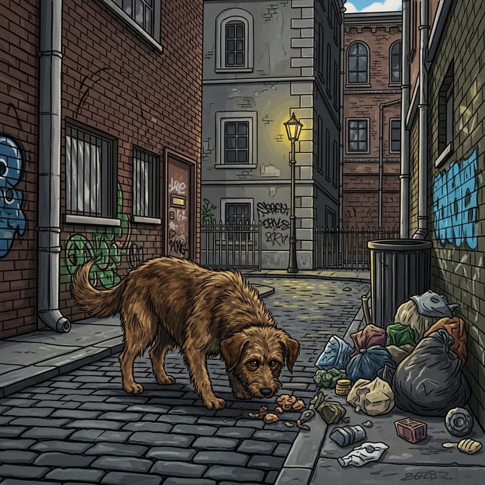Street Dog Feeding on Garbage in Urban Environment Street Dog Feeding on Garbage in Urban Environment