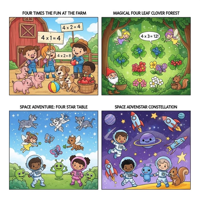 Vibrant Multiplication Coloring Scenes for Kids | Four Times Table Fun Vibrant Multiplication Coloring Scenes for Kids | Four Times Table Fun