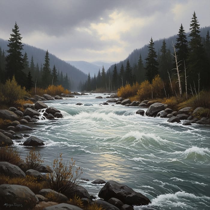 Raging River: Captivating Oil Painting of Nature's Power