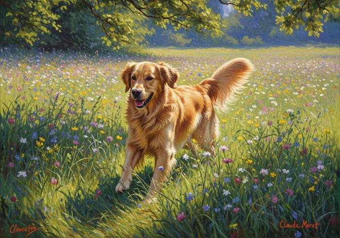 Golden Retriever Joy in Sunlit Meadow Art Golden Retriever Joy in Sunlit Meadow Art