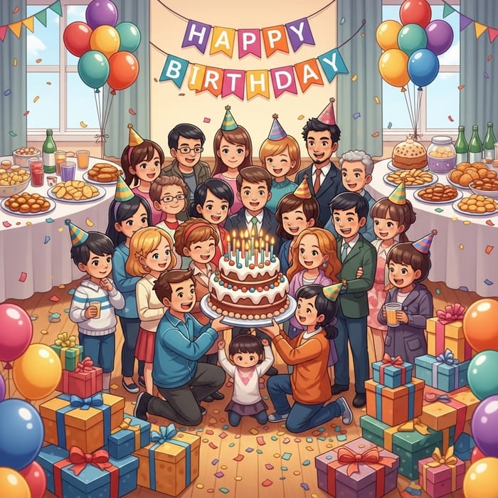 Vibrant Birthday Party with Cake & Balloons Vibrant Birthday Party with Cake & Balloons