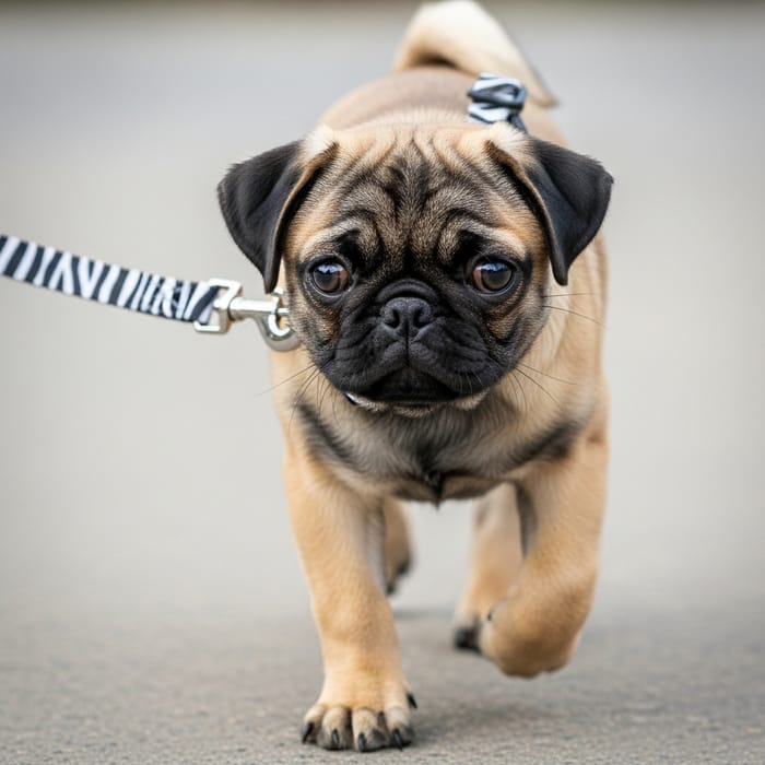 Adorable 4-Month-Old Pug with Brown and Black Fur on Zebra Leash