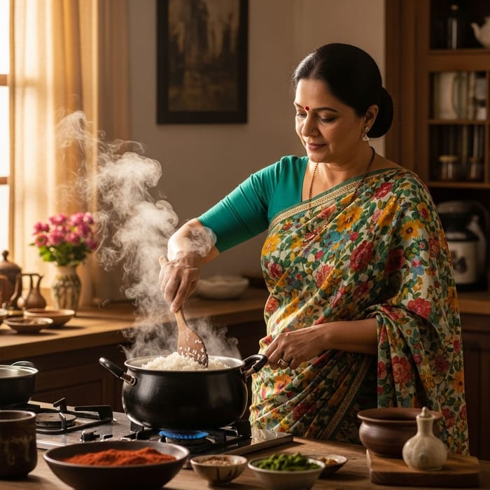 South Asian Woman Cooking Rice in Tradition South Asian Woman Cooking Rice in Tradition