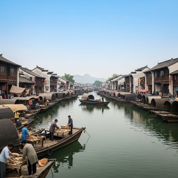 Qing Dynasty Harbor Scene with Small Boats in Tranquil Waters